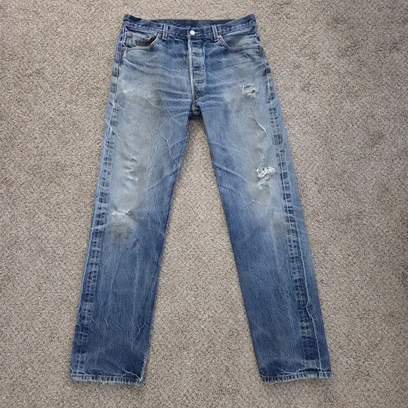 Levis 501 Jeans Mens 36x38 Blue Denim Straight Leg Button Fly Distressed Stained - Picture 2 of 16